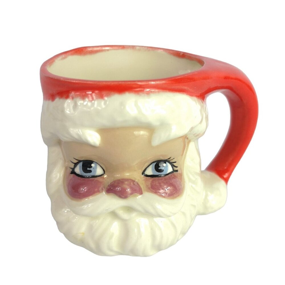 Vintage Ceramic Santa Christmas Mug Hand Painted Eyelashes Rosy Cheeks '82 Retro